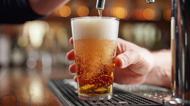 Pouring a refreshing golden beer into a pint glass at a bar.