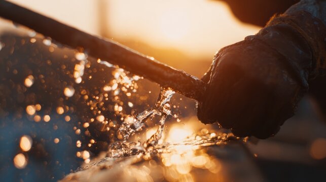 A gloved hand using a steel ice chisel to carve or cut ice, with sparks flying from the contact surface