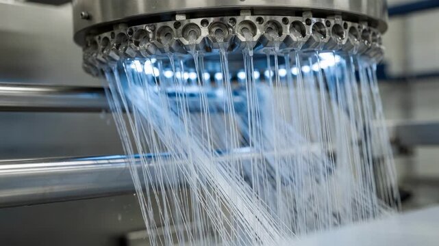 Medium shot capturing UVstable polypropylene carpet yarn extrusion in action demonstrating enhanced resistance to sunlight for longlasting outdoor carpeting.