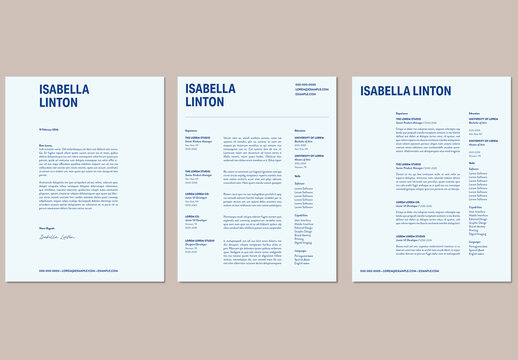 Minimalist Resume and Cover Letter Collection with a Blue Color Scheme