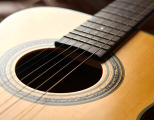 Obraz premium A close-up of an acoustic guitar's sound hole and strings
