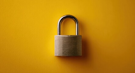 Fototapeta premium A gray padlock with a silver shackle on a vibrant yellow background in minimalist style