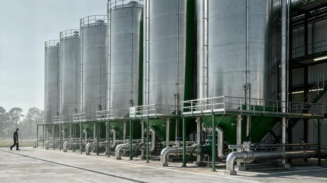 Medium shot of vertical silos storing ecofriendly energetic biobased binders highlighting sustainable industrial storage for greener chemical formulations.