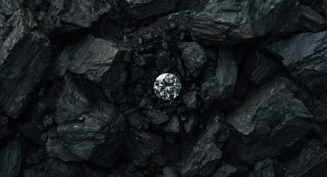 Black coal with a single diamond embedded among rough stones