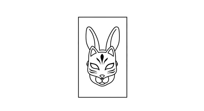 Japanese Fox Mask Drawing, Kitsune Mask Outline, Traditional Art, White Background