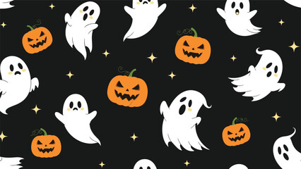 Naklejka premium Spooky yet cute Halloween seamless pattern featuring white ghosts with different expressions and carved orange pumpkins on black.