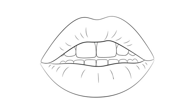 Close-up line art illustration of human lips slightly open to reveal the front teeth, drawn in a clean and detailed sketch style.