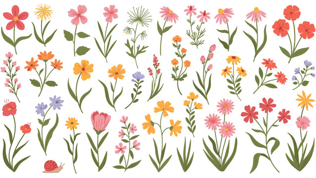 Large set of various colorful wildflower illustrations including daisies, poppies, and lavender with their stems and leaves.