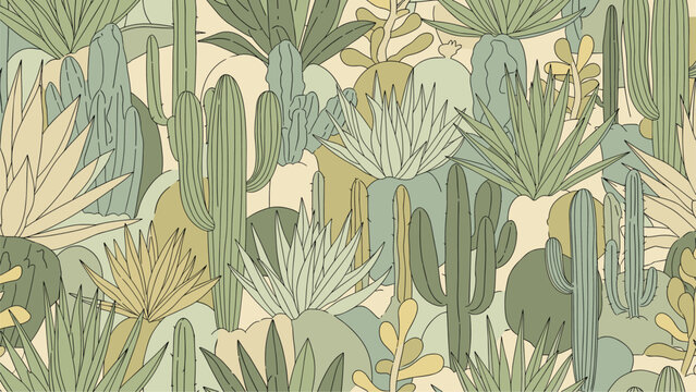 Detailed seamless pattern showcasing a dense collection of different cacti and succulent species in various shades of green.