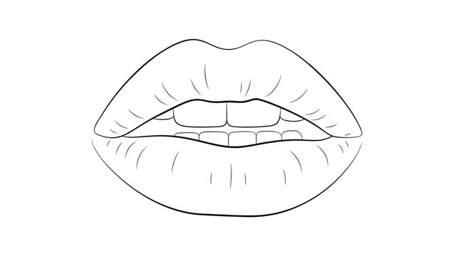 Simple black and white line drawing of human lips slightly parted showing upper and lower teeth.