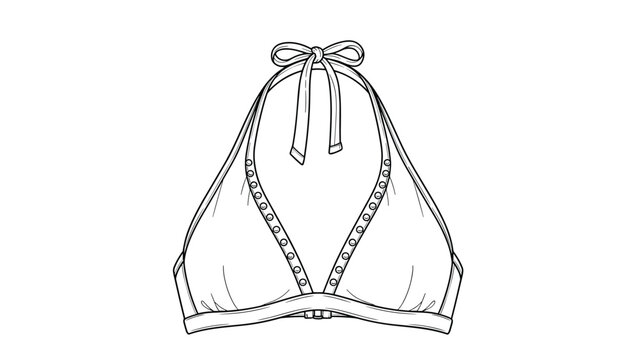 Technical fashion drawing of a simple halter neck bikini top with ties and grommet details in a black line style.