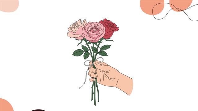Detailed illustration of a hand gently holding a small bouquet of three pink roses tied with a white string bow.