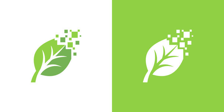 Dual meaning logo combining leaf and digital technology elements, symbolizing eco-innovation, sustainable technology, green digital transformation, and the harmony between nature