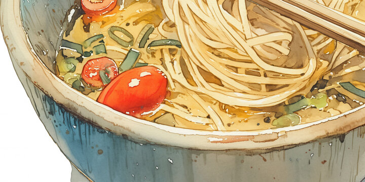 Ilustra&ccedil;&atilde;o em aquarela de um delicioso prato de macarr&atilde;o asi&aacute;tico com tomates cereja e cebolinha, servido em uma tigela r&uacute;stica.