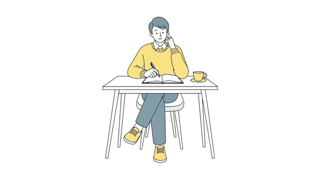 Man Sitting at Desk Writing in Notebook, Coffee Cup Nearby