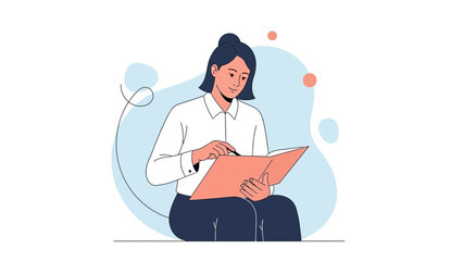 Obraz premium Woman in White Shirt Reading Book, Illustration, Business Woman Studying