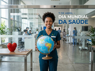 Nurse holding a globe for World Health Day