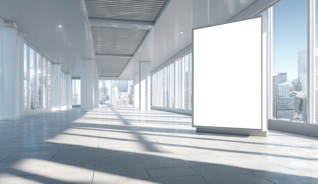 Empty white vertical billboard with smooth glossy surface in a modern indoor setting with large windows and natural sunlight