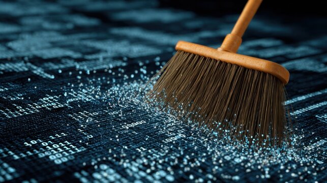 Broom with natural wooden handle and dark bristles sweeping away digital binary code on a textured dark surface