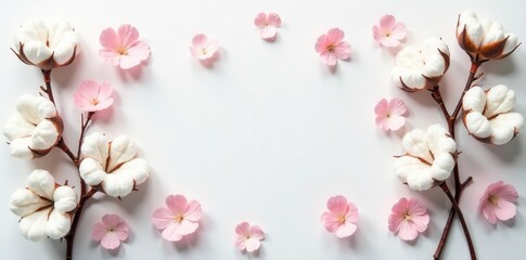 Obraz premium Delicate cotton blossoms arranged on white Flat lay, square composition , soft focus, blossoms, pure