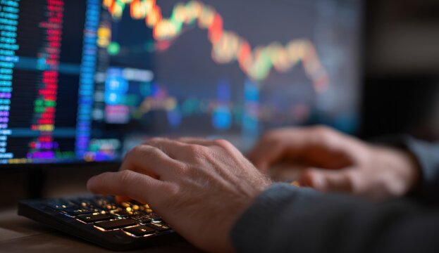 A person's hands typing on a keyboard in front of multiple computer screens displaying financial stock market graphs and data