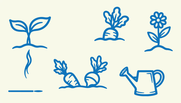 Blue hand drawn icons for gardening: plant sprout, carrots, watering can, flower.