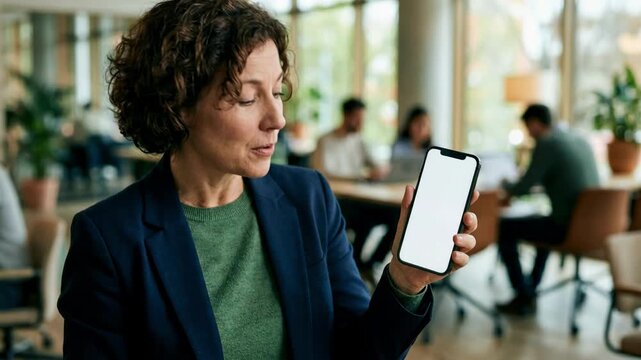 Team member pointing to a mobile device showing live chat microcredit support emphasizing smartphoneonly access while the surroundings stay softly blurred.