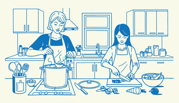 Two women cooking together in a modern kitchen, healthy food preparation, fresh ingredients.