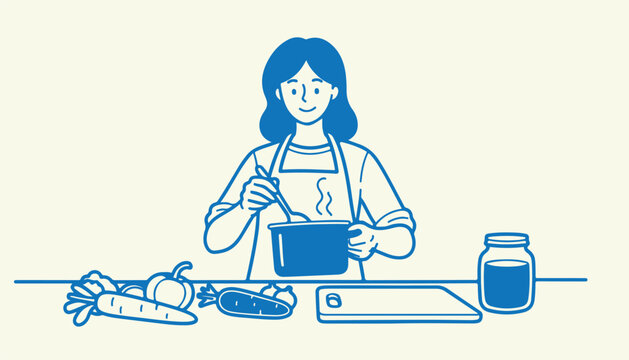 Woman cooking soup in pot with vegetables on table, healthy eating and preparation.