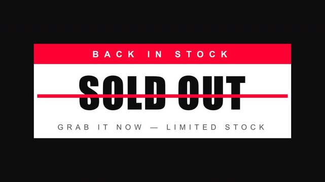 Back in stock promotional banner with sold out text crossed out, red and white retail marketing graphic, limited stock announcement for e-commerce sales and product restock
