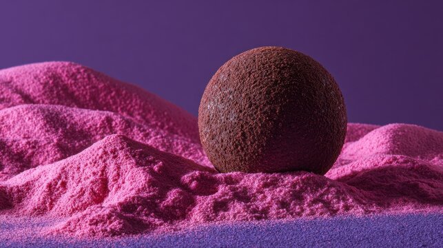 Chocolate truffle with rough textured cocoa powder exterior resting on pink powdered surface