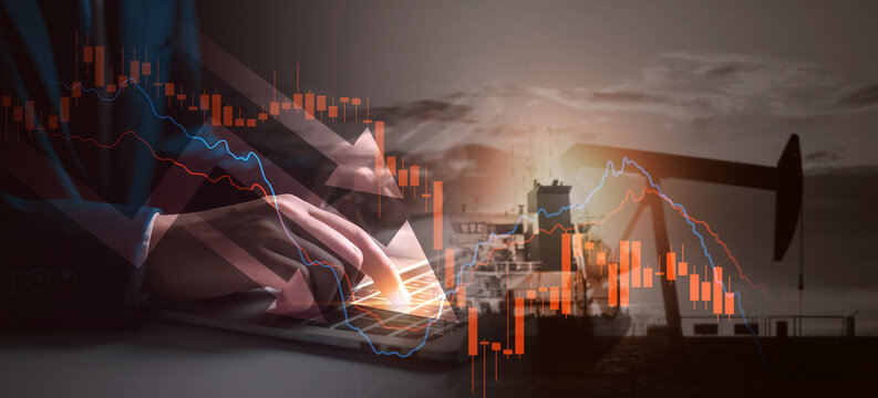 Professional analyzing global energy crisis and oil price spikes. oil pumpjack, cargo ship, and financial charts. supply chain disruption, and economic inflation impact on world energy markets.