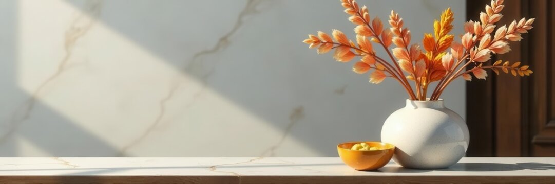 Modern ceramic vase with dried lagurus on marble, wooden bench setting , organic, arrangement, home