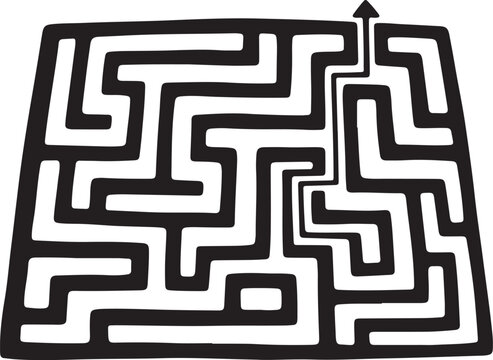 A complex black and white maze with a single path