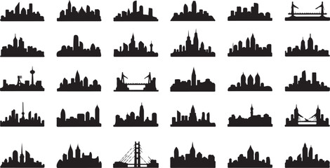 Fototapeta premium Collection of various city skylines and urban silhouettes in black
