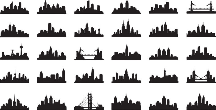 Collection of various city skylines and urban silhouettes in black