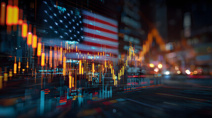 Obraz premium Financial stock market candles with american flag overlay and night city lights bokeh for economy and investment concept.