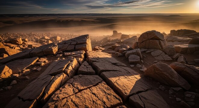 Angular Fractured Rocks in a Golden Boulder Field Landscape at Sunset