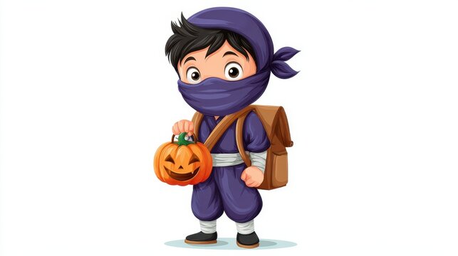 Cartoon ninja kid holding jack o lantern pumpkin with brown backpack, wearing purple ninja outfit and mask, standing on white background with playful expression
