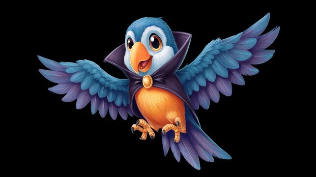 Colorful cartoon parrot with blue and orange feathers wearing dark vampire cape flies joyfully against black background, showing playful and spooky character