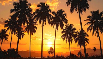 Obraz premium Silhouette palm trees frame a vibrant sunset, casting shadows on the horizon