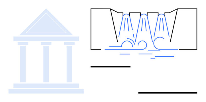 Renewable energy, hydropower systems, architecture, science education, sustainability, technology. Abstract building with triangular roof and a schematic water flow mechanism. Hydropower systems