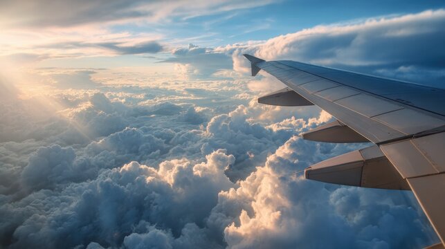 Airplane wing with metallic surface and aerodynamic design flying above cloud layer during daytime