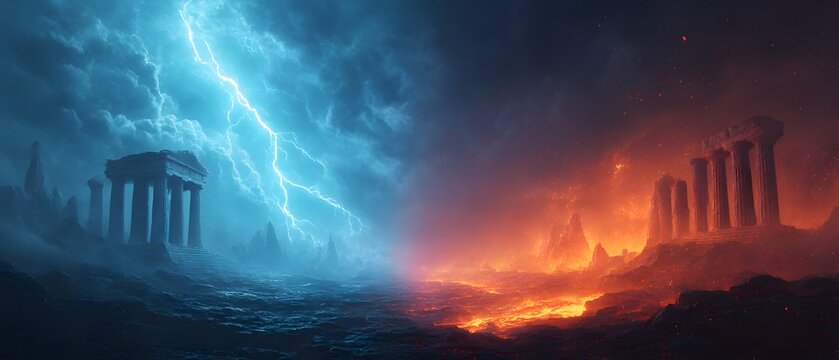 Apocalyptic ancient ruins clash with elemental forces of lightning storm and volcanic fire in dramatic fantasy landscape.