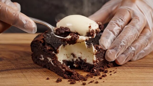 A gloved hand uses a spoon to scoop a portion of rich chocolate dessert filled with creamy white filling, revealing its decadent texture