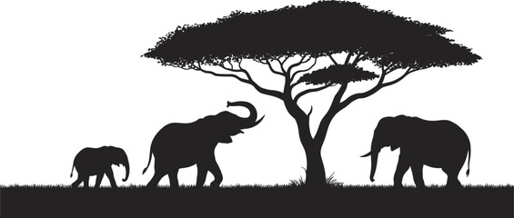 African elephant family silhouette walking on savanna under acacia tree isolated on white background vector © Afsana