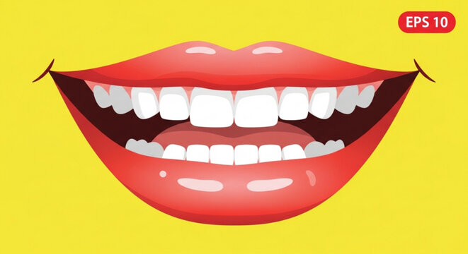 Smiling lips with white teeth on yellow background illustration for dental health or happiness concept