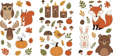 Fototapeta premium Cute Autumn Woodland Cartoon Character Set with Fox, Bear, Owl, Squirrel, Rabbit, Pumpkin and Fall Leaves Illustrations Isolated on White Background
