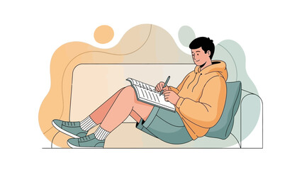 Obraz premium Young Man Studying and Writing Notes on Sofa, Relaxed Home Study