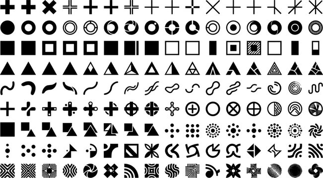 Geometric symbol icons silhouette vector illustration featuring crosses, circles, squares, triangles, wavy lines, and decorative abstract patternsGeometric symbol icons s